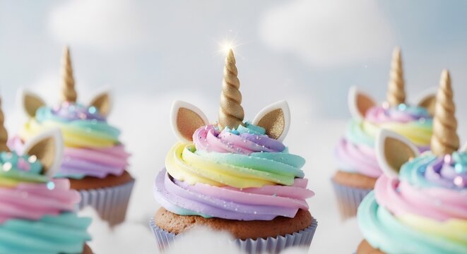 Magical unicorn cupcakes for birthday parties, celebrations, and whimsical baking projects. Rainbow frosting, golden horns and ears, sweet treat, dessert design.  - Powered by Adobe