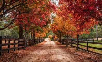Autumn Road: A scenic country road is lined with vibrant autumn trees in full foliage, their fiery colors creating a stunning archway.