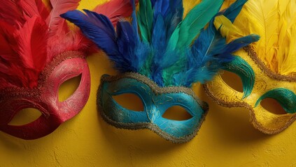 Festive Masquerade: A vibrant array of colorful masks adorned with feathers, evoke a sense of mystery and allure, inviting viewers to a world of disguise and intrigue.