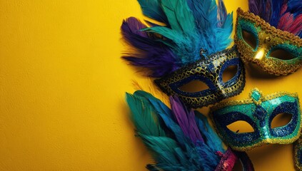 Masquerade Masks: A collection of exquisite masquerade masks, adorned with vibrant feathers and intricate details, artfully arranged against a striking yellow backdrop.