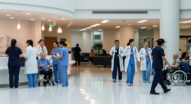 Busy hospital lobby with doctors and nurses caring for patients offering support in a bright clinic representing healthcare and medical teamwork