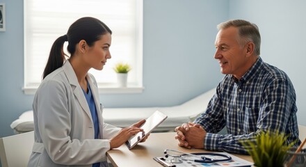 Caring doctor using tablet for patient consultation, offering reassurance and modern medical advice in a bright and professional office setting