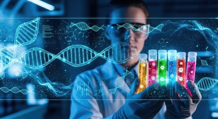 Scientist holds colorful test tubes with virus research DNA data overlay for innovative vaccine development concepts and healthcare solutions in the lab
