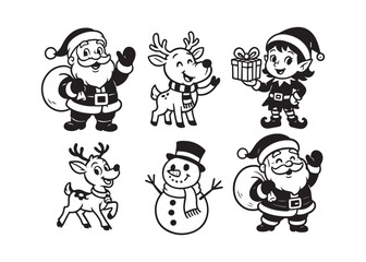 Delightful black and white Christmas characters, Santa, reindeer, elf and snowman are perfect for holiday cards and seasonal promotions
