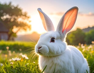 Adorable white rabbit poses outdoors with sunset backdrop