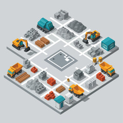 Isometric illustration of a construction site featuring various vehicles, building materials, and equipment, creating a detailed scene.
