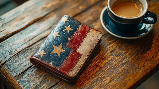 Close-Up of a Red, White, and Blue Leather Wallet Resting on a Rustic Wooden Table Next to a Coffee Cup