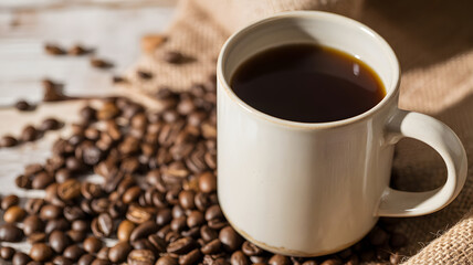 Obraz premium Hot coffee mug surrounded by roasted coffee beans