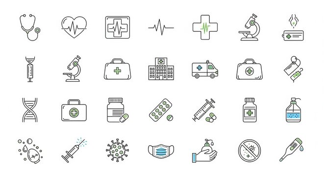 Essential healthcare icons showcasing medical equipment, medicine and virus protection for a modern health campaign with clean, minimal design elements