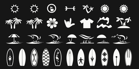Collection of white summer beach and surfing icons on a black background