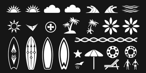 Collection of white summer beach and tropical icons on a black background