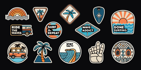 Collection of surfing and beach themed stickers featuring van life palm trees waves and inspirational quotes