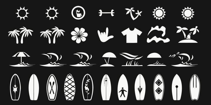 Collection of white summer beach and surfing icons on a black background