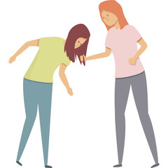 Two cartoon women one with brown hair wearing green shirt and blue pants bending down the other with orange hair wearing pink shirt and gray pants standing facing each other with a white background