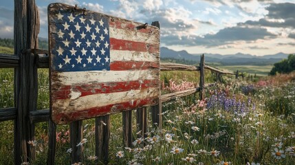 Antique Hand-Painted American Flag Sign Hanging Against Scenic Landscape with Flowers and Mountains
