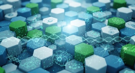 Dynamic abstract background showcasing interconnected DNA strands and neural networks within a hexagonal grid, symbolizing scientific innovation and advanced research