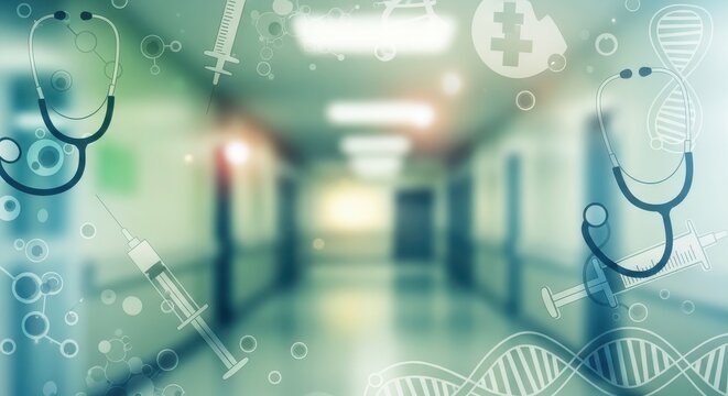 Modern medical science concepts with stethoscopes, syringes, and DNA strands overlaying a blurred hospital hallway