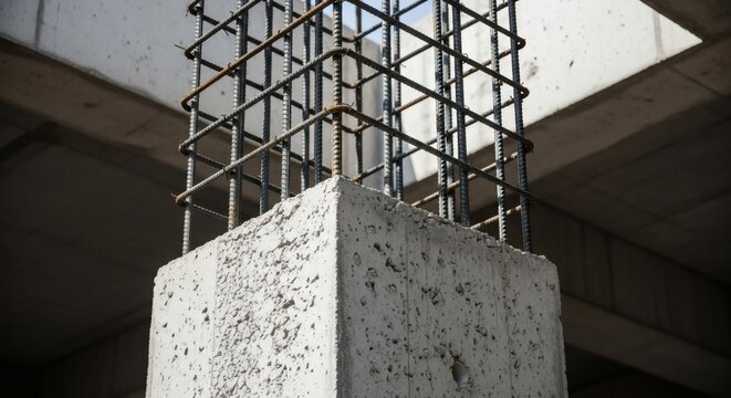 Close-up of a reinforced concrete pillar on a construction site, featuring an exposed steel rebar cage awaiting the next material pour