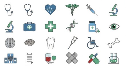 Modern medical icons offer comprehensive healthcare symbols for innovative design projects, promoting wellness and scientific advancement.