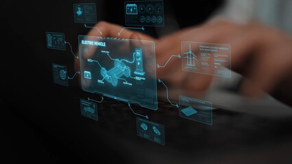 Technical layout of electric vehicle showing battery system, power control, traction motor,...
