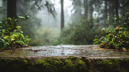 Natural moss-covered stone podium with water droplets and tropical blurred forest background, refreshing minimal nature scene