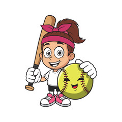 Cute Cartoon Girl Softball Player with Bat and Smiling Softball Vector Illustration