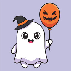 Cute Cartoon Ghost Wearing Witch Hat and Holding Pumpkin Balloon Vector Illustration