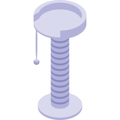 Isometric pastel purple cat scratching post with hanging toy and textured sisal rope detail on a clean white background for pet care and feline entertainment visuals