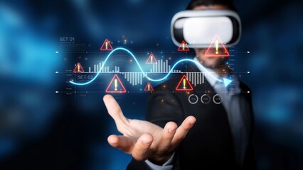 A professional man wearing a virtual reality headset is engaging with futuristic data...