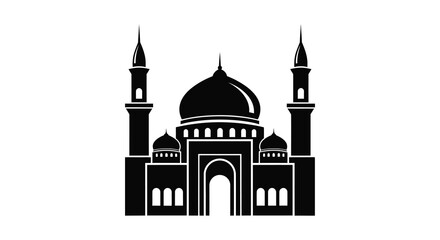 Striking black silhouette of a grand mosque with twin minarets and a central dome against a white background silhouette