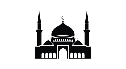 Stylized black silhouette of a grand mosque with a large central dome and two tall minarets against a white background silhouette