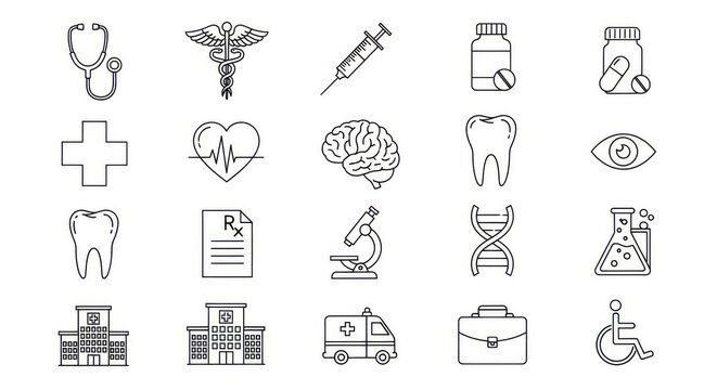 Professional medical icons set for healthcare innovation and modern science presentations, offering clear visuals for health and wellness themes - Powered by Adobe