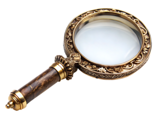 Vintage magnifying glass with ornate handle isolated on transparent background