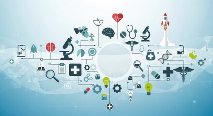 Dynamic medical science network concept with icons of innovation, research, health, and technology for future advancements