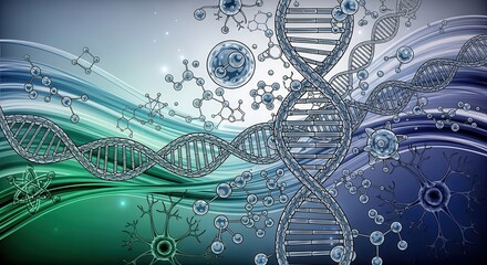 Dynamic abstract science background featuring intricate DNA strands, molecular structures, and neural networks creating a vibrant, futuristic, and cutting edge feel