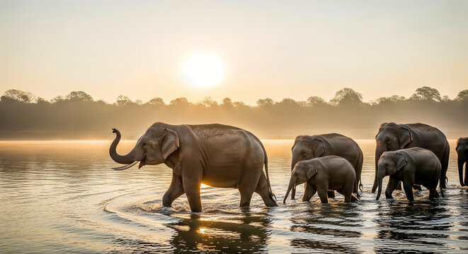 March of the Giants.
A herd of elephants crossing a golden river at sunrise, representing unity, wisdom, and the bond of family in nature’s beauty.