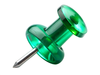 Green push pin isolated on transparent background, office supply macro shot