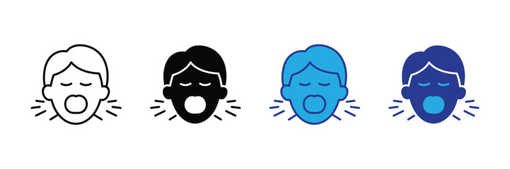 Set of four icons representing a person yawning or shouting, in outline, silhouette, and two color variations, isolated on white background