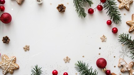 Minimalist Christmas Background with Golden Bauble, Red Berries, and Pine Leaves on White Space