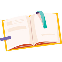 Open Book With Yellow Cover And White Pages Showing A Teal And Purple Bookmark With A Transparent Background