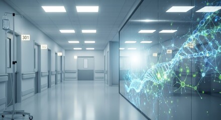 Advanced medical research unfolds within a futuristic hospital hallway, showcasing DNA structures and neurological networks for groundbreaking science and healthcare innovation.