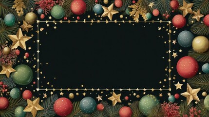 Beautiful Christmas wreath rectangle frame with shiny stars and colorful orbs