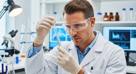 Focused scientist meticulously examines liquid in test tube, advancing research in modern laboratory setting with advanced equipment