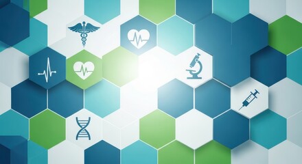 Modern medical science concept with vibrant hexagons, featuring caduceus, heartbeat, microscope, syringe, and DNA symbols for research and healthcare innovation