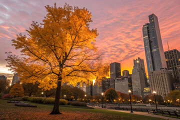 Obraz premium Golden tree bursting with leaves at sunset above urban cityscape view