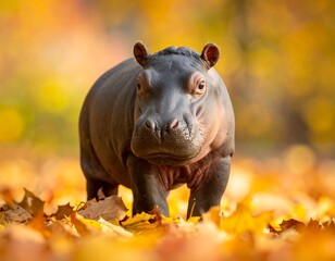Adorable young herbivore stands in a carpet of vibrant autumn leaves