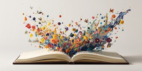 Open book with vibrant watercolor explosion of flowers and butterflies illustrating creativity
