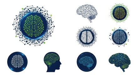 Dynamic abstract brains with glowing neural networks and digital connections represent intelligence, innovation, and complex thought processes in vibrant styles