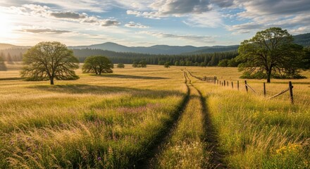 Golden hour sun bathes rolling meadow with winding path, distant mountains and mature oak trees create a serene rural landscape.