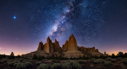 Stunning Milky Way galaxy arcs above dramatic desert rock formations under a twilight sky, inspiring wonder and adventure